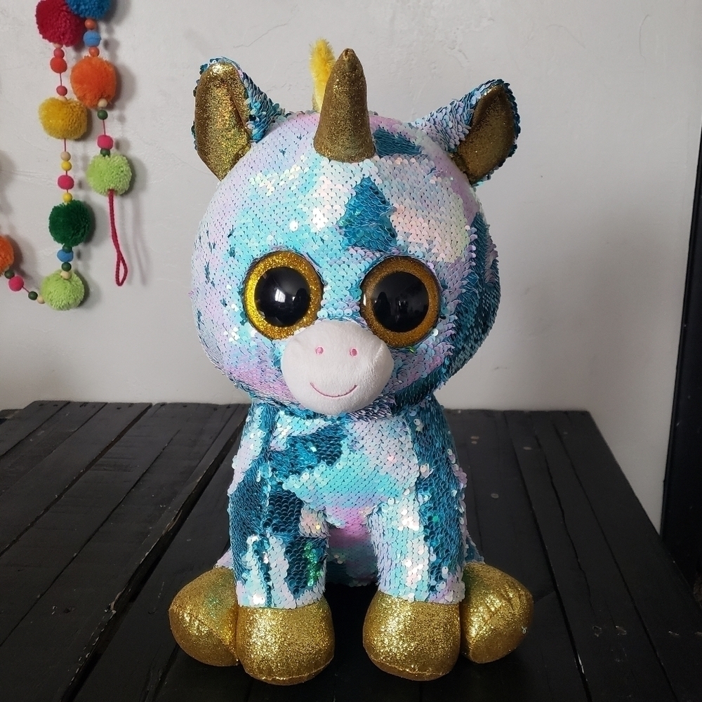 Ty Beanie Boo Dazzle Blue White Flip Sequin Unicorn Stuffed Animal Flippable 16"
